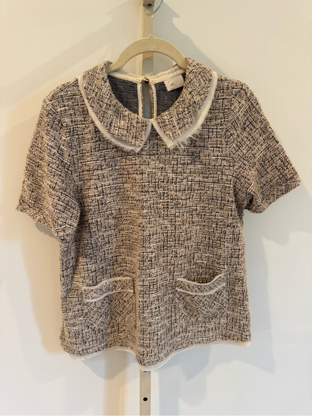 Anthropologie Bouclé Tweed Collared Top | Neutral Beige & Black Blouse